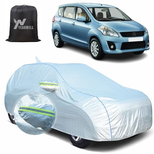 YEARWELL Car Body Cover for Maruti Ertiga, 100% Waterproof, Heat-Resistant with Mirror & Antenna Pockets, Soft Cotton Lining, Triple Stitched, Piping & Reflector (Reflective Silver)