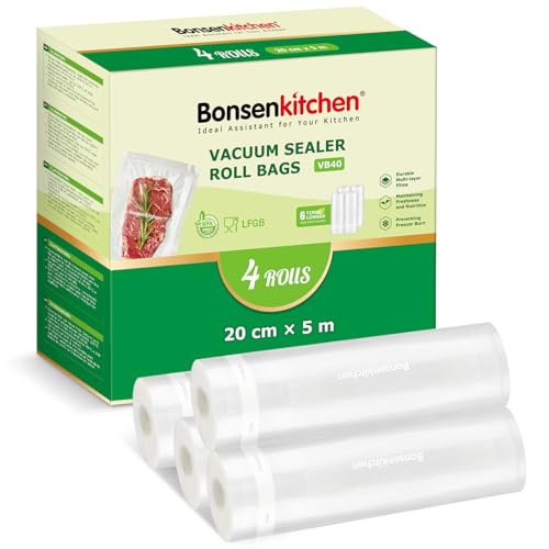 Bonsenkitchen Vakuumierbeutel 4 Rollen 20x500 cm, Vakuumierfolie Profi Vakuumbeutel Lebensmittel für Vakuumiergerät BPA-frei, Vakuumrollen Kochfest und Sous Vide Gefrierbeutel VB40