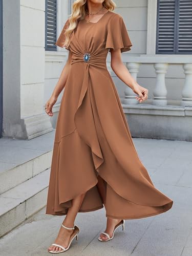 Image of QMZ Wedding Guest Dresses for Women V Neck Cocktail Dress Ruffle Sleeve A Line Evening Party Formal Dresses for Women