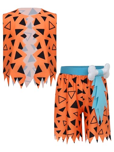 Eandarui Kids Boys Bam Caveman Clothing History Stone Age Outfits Sleeveless Jagged Trim Vest and Shorts Orange 16 Years