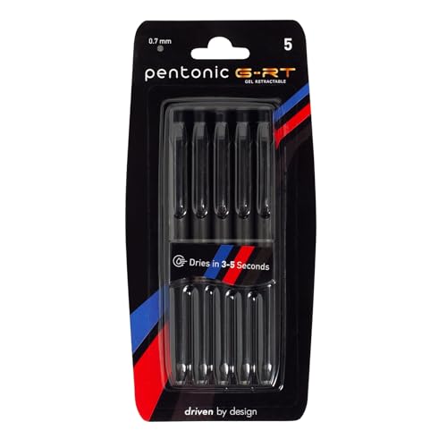 Pentonic G-RT Bolígrafos Gel Retráctiles, Pack de 5 Negro