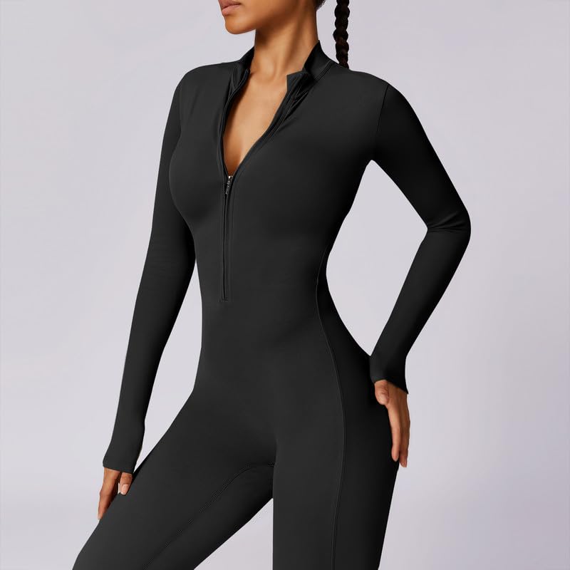Litthing Femme Combinaison de Sport, Sexy Tirette Long Moulante Vetement Bodysuit Manches Longues Body Yoga Élastique Skinny d'entraînement Bodycon Une Pièce