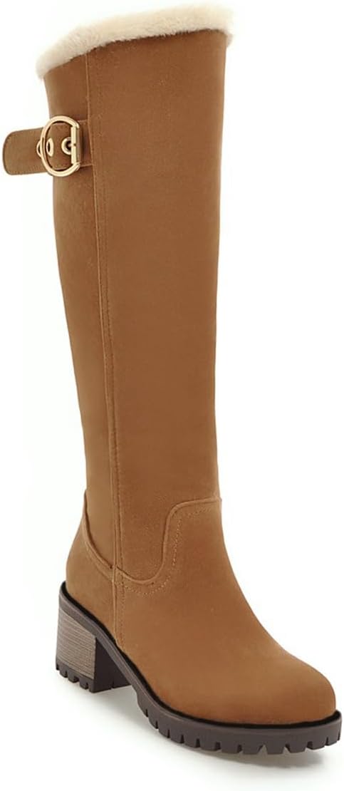 Winter Fur Knee High Dressy Boots For Womens Round Toe Zipper Chunky Heels Tall Wide Calf Warm Snow Boot