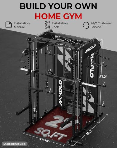 Image of Mikolo Smith Machine with Weight Stack, Power Cage Home Gym System with LAT Pulldown & Cable Crossover, Multi-Functional Trainer with Dual Pulley System, Includes 10+ Free Attachments