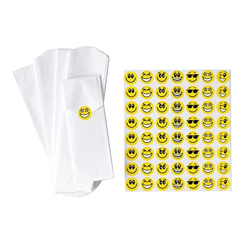 Faithful Supply - 330 ct - Paper Silverware Bags, Churro Bag, Utensil Bag, Silverware Sleeves Paper Bulk, Cutlery Bags for Party, Churro Holder, Churro Bags Paper, Utensil Sleeve with Smiley Stickers Cover