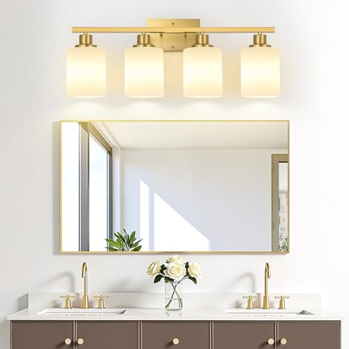 Image of MOKATNG 4-Light Bathroom Light Fixtures, Brushed Gold Vanity Light with Milky White Shades, Bathroom Lighting Fixtures Over Mirror, Modern Bathroom Wall Lamp for Mirror Living Room Cabinet Bedroom