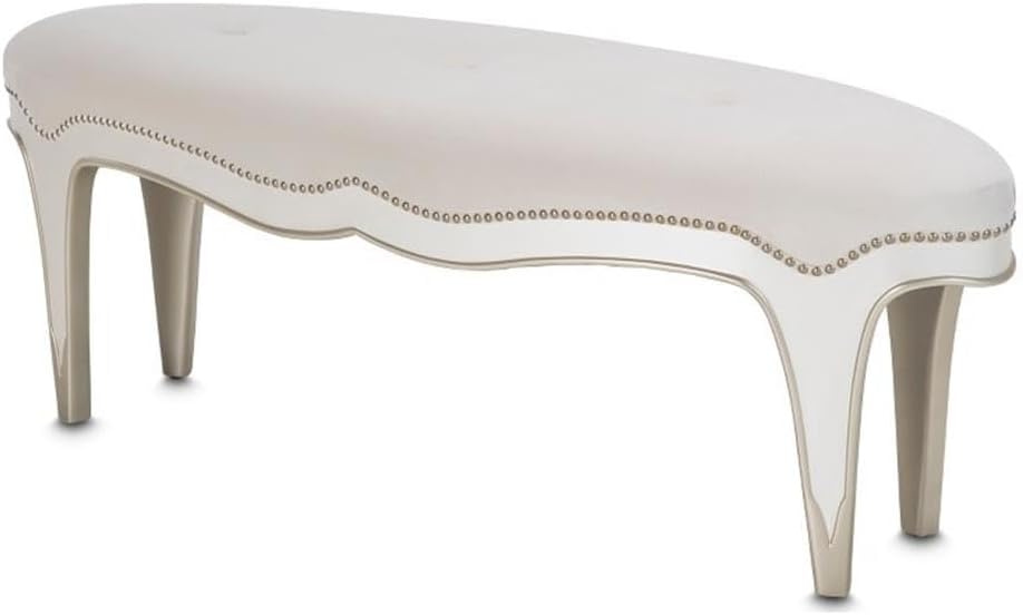 Pemberly Row Modern Velvet Bed Bench, Creamy Pearl Finish, Button Tufted Upholstered Seat, Scalloped Edging with Nailhead Trim, 56.5 in Wide Bedroom Bench, Solid Wood Frame, Contemporary Style
