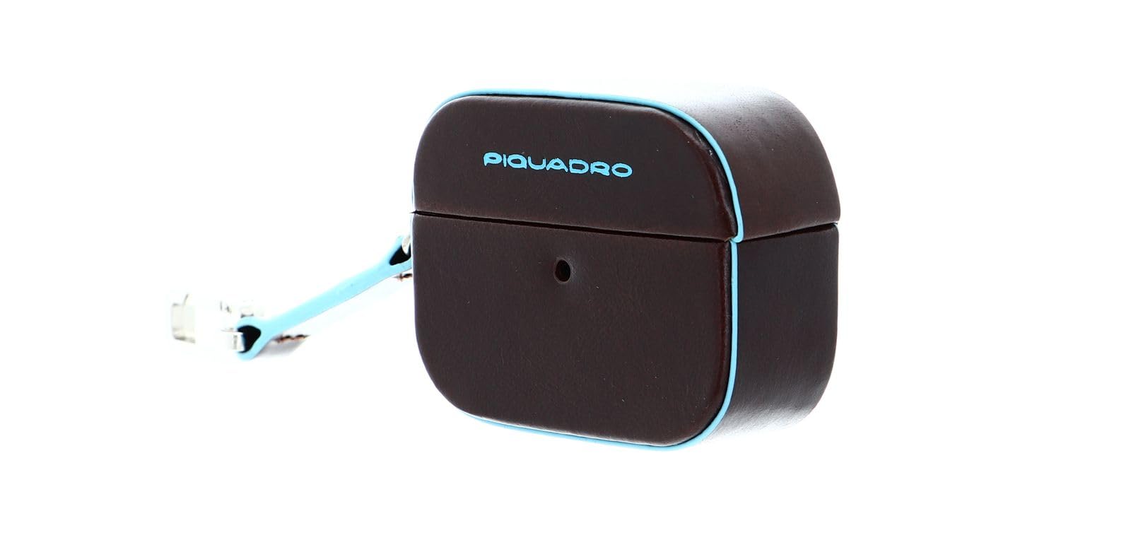 PIQUADRO - Custodia per Auricolari in Pelle Blue Square - Unisex - Mogano | Salvaspazio, Protettiva, Moschettone, Trasferte, Uso quotidiano