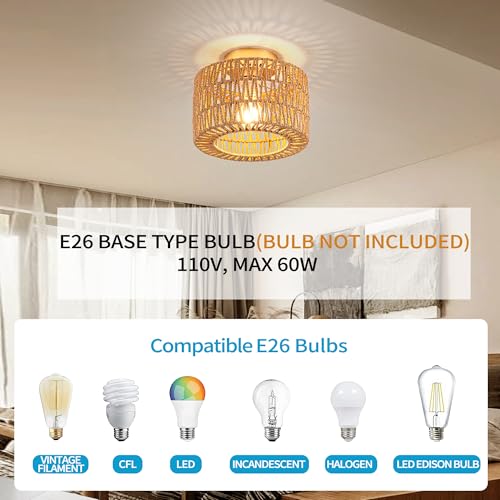 Rattan Ceiling Light, 1 Light Bohemian Modern Woven Flush Mount Ceiling Light, Boho Light Fixture for Bedroom Living Room Dining Room, Gold Finish by Rpzloila - Image 7