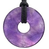 Lebensquelle Plus Edelstein Donut Ø 30 mm + Baumwollband + Edelsteinkarte | Naturstein Anhänger Halskette | Echte Heilsteinkette inkl. Band (Amethyst)