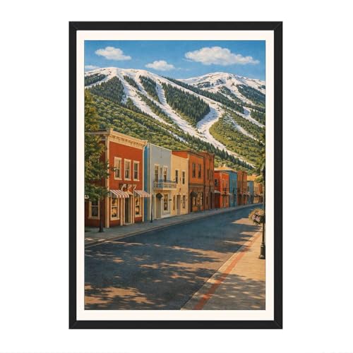 Framed Vintage Ski Town Street Scene Poster Canvas Print