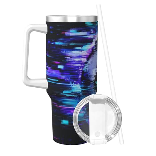 Vaso aislado Cyber Glitch Soccer Art de 40 oz con asa y tapa con pajilla 3