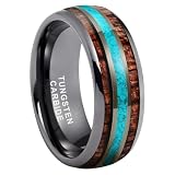 TUTISS Anillos de tungsteno de 8 mm para hombres y mujeres, anillos de boda con incrustaciones de madera de koa turquesa triturada, abovedada, pulida, ajuste cómodo, Metal, Sin piedra preciosa