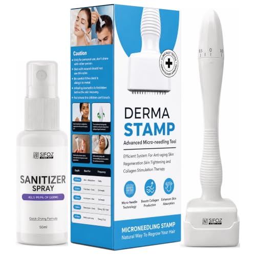 Image of Sifoz Derma Stamp Microneedling Tool with Sanitizer for Hair Growth & Skin Repair | Adjustable Titanium Coated Needles 0.25mm - 3mm | 140 Pins Micro Needle Stamp for Face, Scalp & Beard Growth | Acne Scar Reduction | Safe, Reusable & Easy to Use
