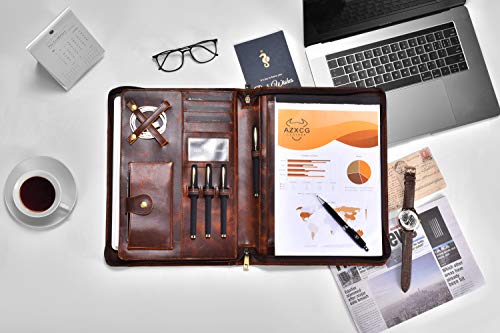 Azxcg Leather Portfolio Folio, Professional Planner For Men, Business Organizer Notebook With A4 Legal Pad Holder, Resume Zippered Padfolio Document Folder, Handmade Gifts For Women, Oil Wax #TOP5