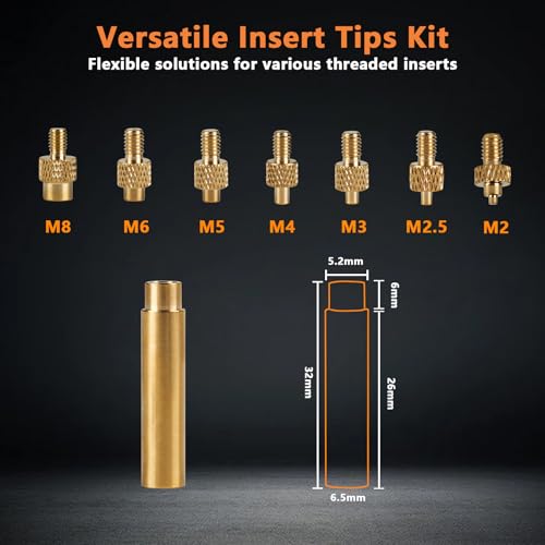 7 Heat Set Insert Tips & 1 Soldering Iron Adapter, Brass Heat-Set Insert Tips for Threaded Inserts M2 M2.5 M3 M4 M5 M6 M8, Plastic 3D Printer Soldering Iron Tipsfor Weller SP40NUS/Hakko FX-888D/900M - Thumbnail 2