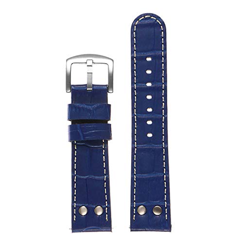 DASSARI Crocodile Embossed Aviator Pilot Leather Quick Release Watch Band Strap with Rivets - Blue (Silver Buckle) - 24mm