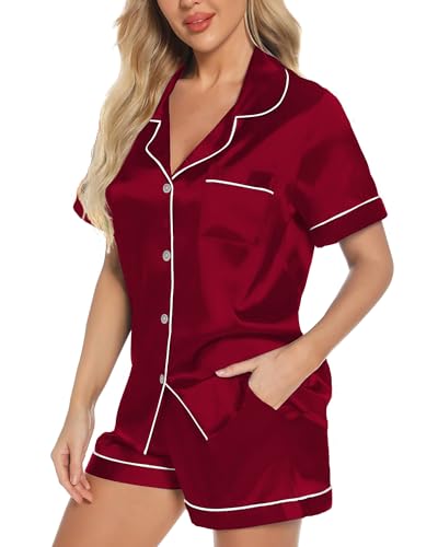 NLAND Pijama de Saten Verano para Mujer Pijama de Dos Piezas de Manga Corta con Botones Conjuntos de Dos Piezas Cómodo Ropa de Dormir(Rojo Vino,L)