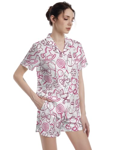 Image of Funny Pajamas for Women Set Print Satin Loungewear Pjs Short Sleeve Button Down Top and Shorts Sets Sleepwear XS-3XL