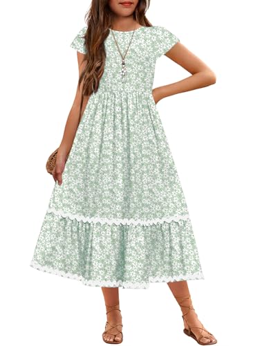 Arshiner - Arshiner Girls Summer Maxi Dress - Short Sleeve Casual Flowy Tiered Light Green Dress with Pockets (10-11Y) - Best Deal on Amazon