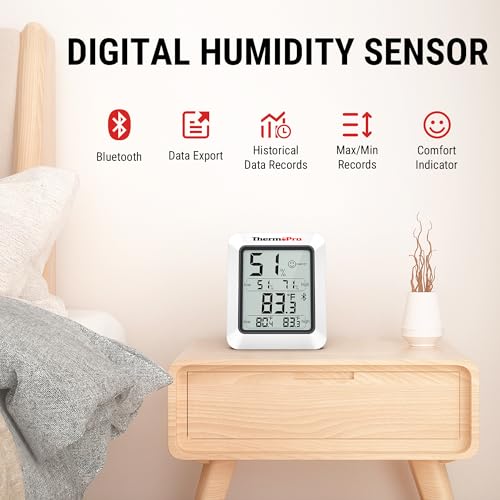 ThermoPro TP350 Higrómetro Bluetooth termómetro de habitación interior con alertas, medidor de humedad y monitor de temperatura con aplicación inteligente y grabación de datos con sensor de humedad