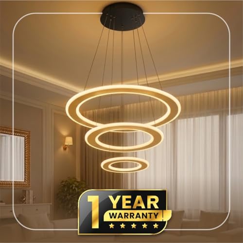 Image of Lamp master 3 Ring Modern LED Chandelier Ceiling Lamp | Gold Finish Pendant Light | Decorative Chandelier for Living Room, Dining Room, Bedroom, Restaurants & Cafe Interior | 1-Year Warranty