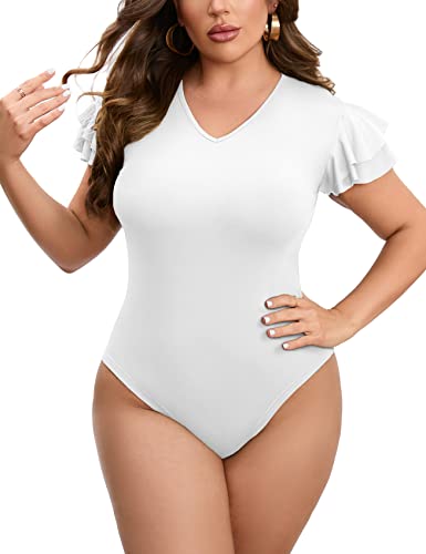 ZOMVA Women's 2023 Plus Size Bodysuit Short Ruffle Butterfly Sleeve Body Suit V Neck Slim Fit Leotard Shirts Tops, White, 2X