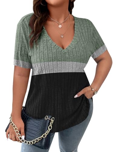 Koscacy Plus Size Casual V Neck Tops for Women Short