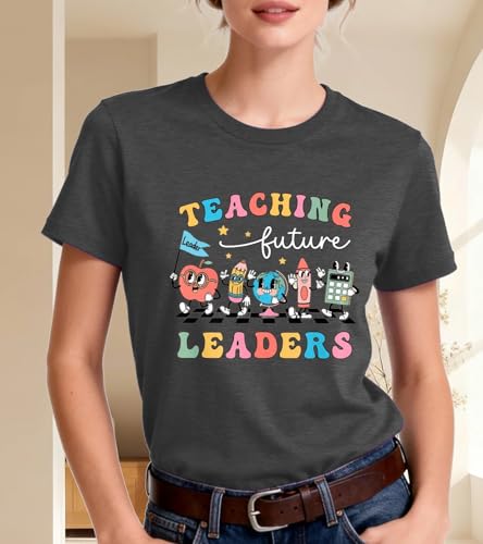 HARESEN Teacher Shirts Women Teaching Future Leaders Shirts Kindergarten Teacher Tee Back to School Gift Gray — view 5