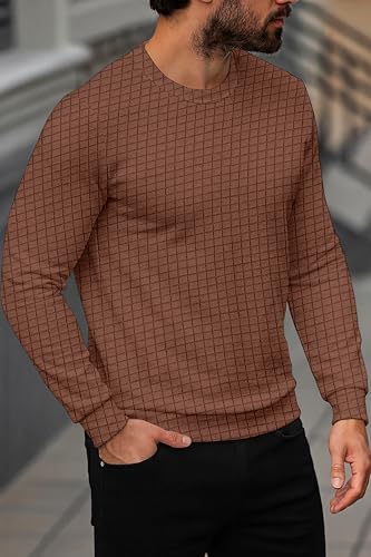 Image of KAJARU Quilted Pattern Long Sleeve Sweatshirt, Round Neck, Men's Casual Pullover, Grey, Black, Beige
