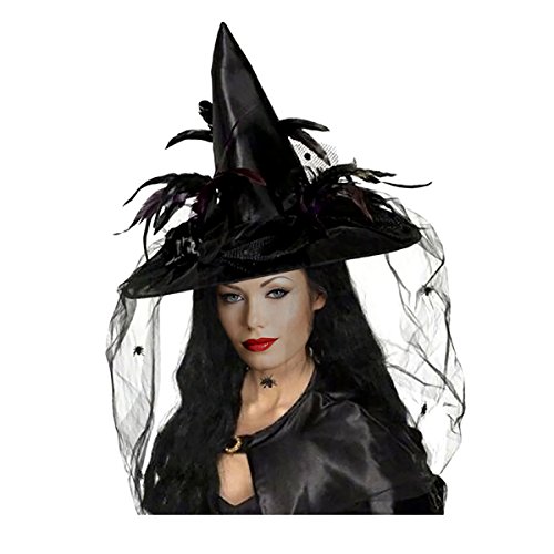 Goetland Women Deluxe Witch Hat Halloween Costume Sharp Pointed with Veils Spiders Feathers for Party Carnival Black