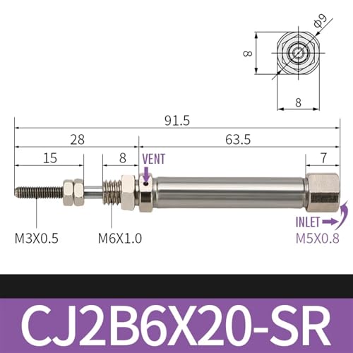 Cilindro de simple efecto CJ2B6X20-SR tipo aguja ultracompacto 3