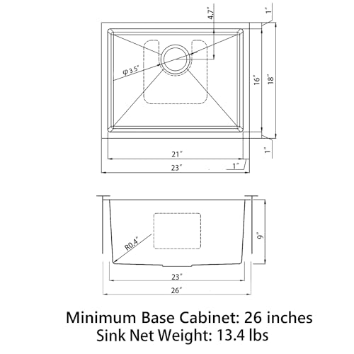Sinber 23\" x 18\" x 9\" Undermount Single Bowl Kitchen Sink with 18 Gauge 304 Stainless Steel Satin Finish HU2318S-10-S (Sink Only)