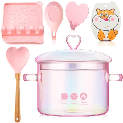 Hushee 6 Pack Pink Glass Pots for Cooking Includes Heart Shaped Silicon Wood Spoon, Stainless Steel Hook, Silicone Multiple Utensil Rest with Spoon Cleaning Sponge for Valentines Day, 1.5L