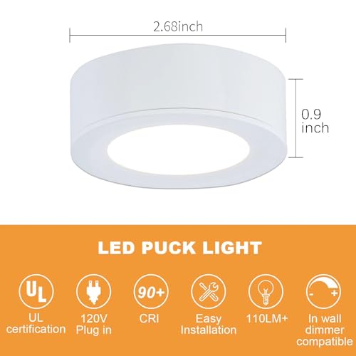 LUMILAND Wired LED Puck Lights (2.7Wx5) Plug-in Lighting Natural White (4000K), LED Cabinet Light for Kitchen Can Be Surface Mount or Recess Mount, White - Thumbnail 2