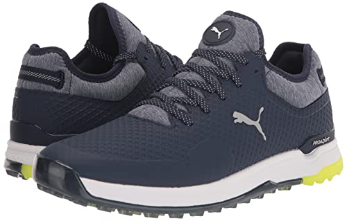Puma Tênis de golfe masculino Proadapt Alphacat Golf, Peacoat-puma prata-segurança amarelo, 39