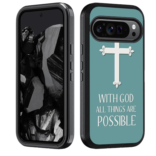 FVAENDHIO for Googe Pixel 9 Pro XL Case,Heavy Duty 3 in 1 Hybrid Military Grade Shockproof Drop Full-Body Protective Cover for Googe Pixel 9 Pro XL,Christian Cross with God All Things are Possible