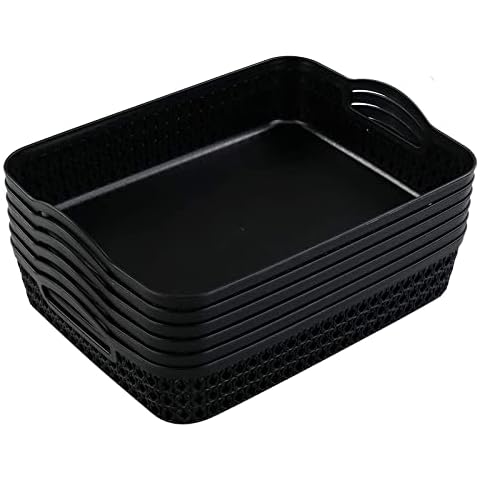 Dehouse Large Plastic Storage Basket Tray with Handle, Black, Pack of 6 Cover