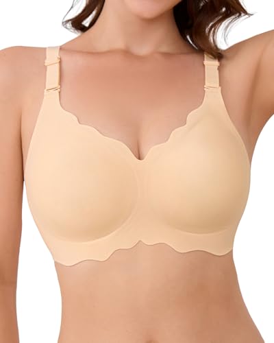 SHARICCA Glatter BH Damen Ohne Bügel Tiefem V-Ausschnitt Push Up BHS Bralette Soft Bequem BH Bügellos Bustier(Beige-1P01-XL)