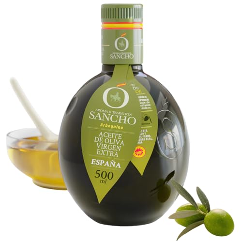 Aceite De Oliva Virgen Extra Arbequina Premium 500ml Botella Vidrio AOVE SANCHO Gourmet Suave Aromatico Frutal Consumo en Crudo Cosecha Temprana Primera Extracción en Frío Origen España DOP La Mancha
