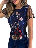 Onsoyours Damen Bluse Lässiges Blumenstickerei Durchsichtiges Mesh Oberteil Sommer Top Oberteile Lotusblattärmel Hohles Punkte T-Shirt A Blau S