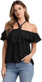NOBARR Women's Black Off Shoulder Cotton Top | Ruffle Neck Loose Fit Casual Summer Top Price In India