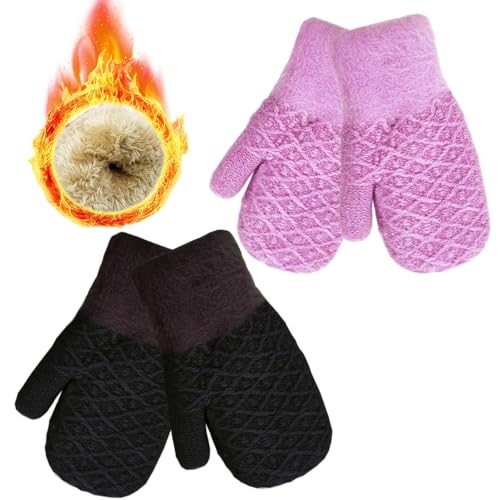 2 Pairs Kids Winter Mittens Warm Thermal Thick Fleece Knitted Snow Gloves for Girls Boys Cold Weather 3-7 Years