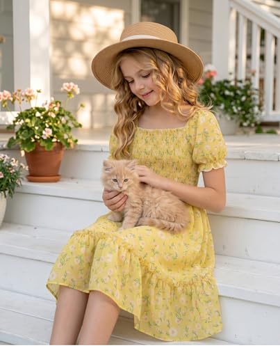 FREELYVE Girls Summer Floral Smocked Dress Square Neck Puff Sleeve Ruffle School Party Teen Sundress,Yellow,6-7Y — view 5