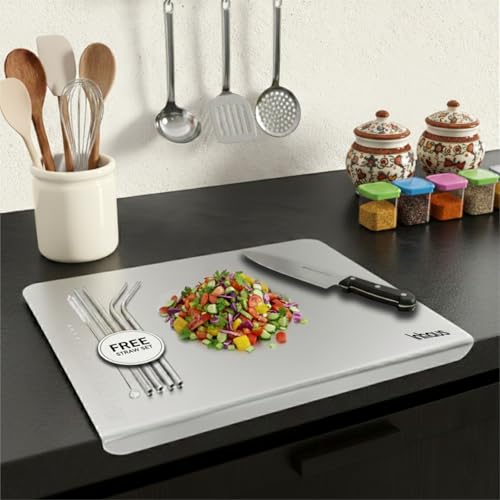 Image of Stainless Steel Cutting Board for Kitchen Countertop, Non-Slip Metal Chopping Board, Odor Resistant, Easy to Clean, 35 x 31 cm, Comes with 4 Steel Straws