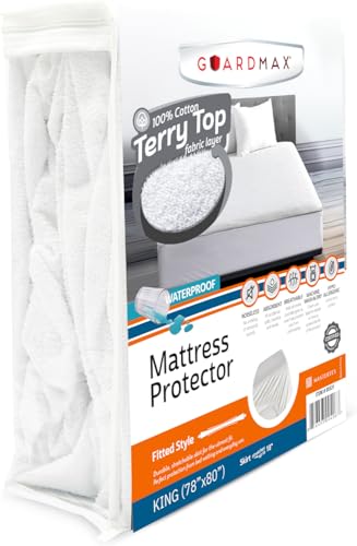 Image of Guardmax Terry Cotton King Size Mattress Protector - Waterproof & Dust Mite Proof Mattress Cover with Stretchable Pockets - Soft, Comfortable, & Noiseless Waterproof Fitted Sheet.(78 x 80 x 15)