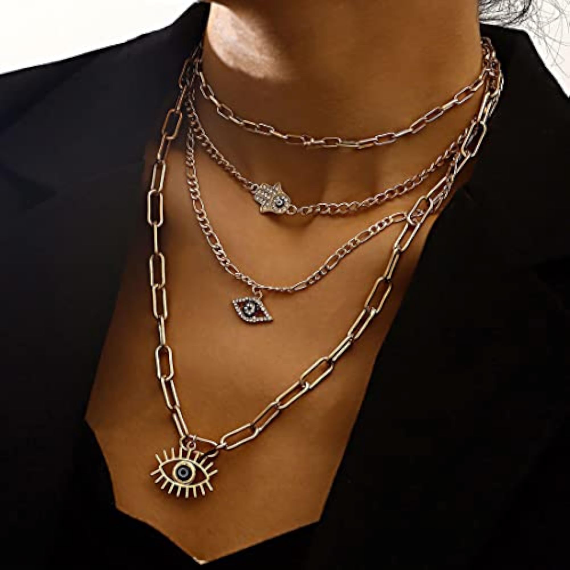 Plated Evil Eye & Buddha Hand Necklace
