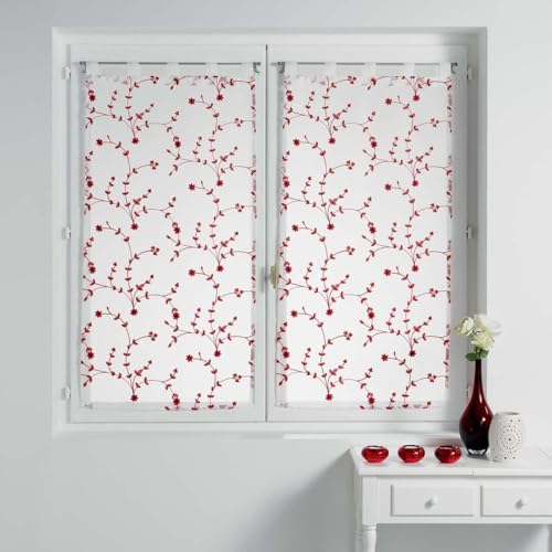 Paris Prix Paire de Voilages Petite Fleur 60x120cm Blanc & Rouge