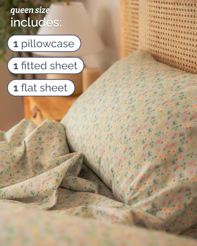 Image of Queen 4 Piece Floral Sheet Set - Breathable & Cooling - Flower Confetti | 1 Flat, 1 Fitted & 2 Pillowcases w / Deep Pockets, Boho Botanical Floral Bedding, Breathable & Cooling, Wrinkle & Fade Free