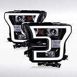 Autozensation Compatible with Ford F150 2015-2017, Glossy Black Smoke Projector Headlights W/Led...